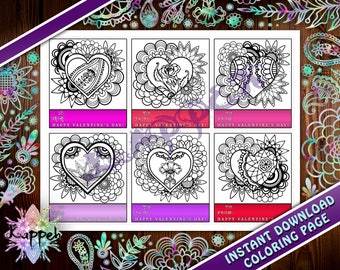 Coloriage à imprimer - Cartes de la Saint-Valentin (Ensemble de 6) - Téléchargement PDF