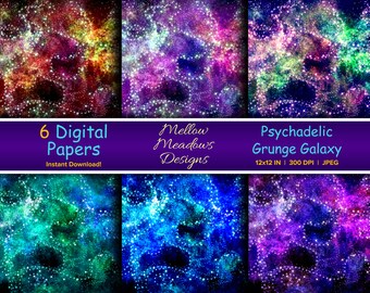 Printable Digital Paper - Psychedelic Grunge Galaxy Design x6 - 12x12 Inches @ 300 DPI - JPEG Download