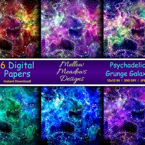 Printable Digital Paper - Psychedelic Grunge Galaxy Design x6 - 12x12 Inches @ 300 DPI - JPEG Download