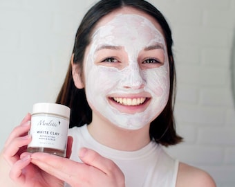 Masque et gommage à l'argile blanche | Perles de jojoba naturelles, extrait de rose musquée, tous types de peau