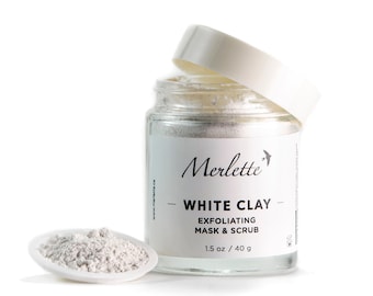 White Clay Exfoliating Mask and Scrub with Rosehip extract and Jojoba beads. An excellent exfoliator. Best seller!