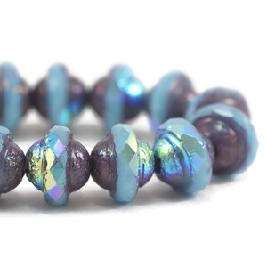 Tschechische Saturn Glasperlen - Himmelblau mit AB, Bronze und Geätzten Oberflächen - 8 x 10 mm - 10 Stück