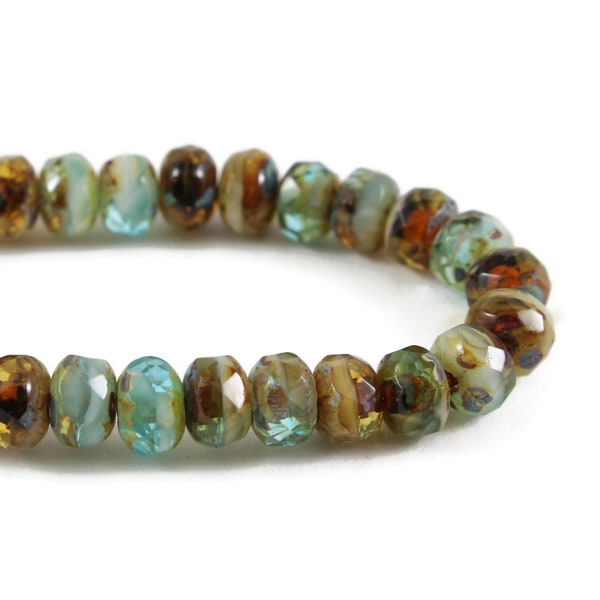 Czech Glass Rondelle Beads - Aqua Blue, Amber Transparent, and Ivory Opaque Mix with Picasso Finish - 5x3mm - 30 Beads