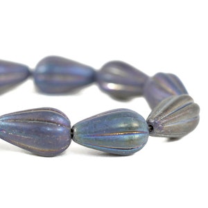 Czech Glass Tear Drop Dangle Melon Beads -  Blue/Purple Iris Finish Matte Opaque - 13x8mm - 10 Beads
