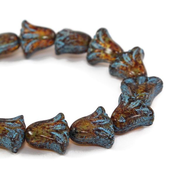 Czech Glass Lily Flower Beads - Dark Amber Transparent with Picasso Finish and Turquoise Wash - 9x10mm - 15 Beads