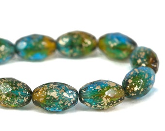 Czech Glass Faceted Oval Beads - Transparent Teal, Yellow, and Green with Etched and Gold Finishes - 12x8mm - 6 or 12 Beads