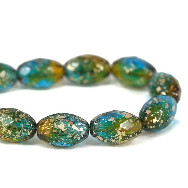 Czech Glass Faceted Oval Beads - Transparent Teal, Yellow, and Green with Etched and Gold Finishes - 12x8mm - 6 or 12 Beads