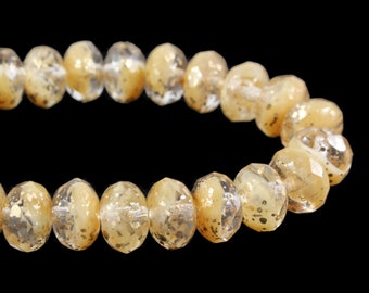 Czech Glass Rondelle Beads - Ivory Opaque and Crystal Transparent Mix with Antique Gold Finish - 9x6mm - 25 Beads