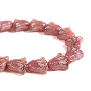 Czech Glass Lily Flower Beads - Pink Opaline with Platinum Wash - 9x10mm - 15 Beads