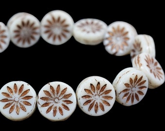 Czech Glass Aster Flower Coin Beads - Ivory Opaque with Dark Bronze Wash - 12mm - 5 or 15 Beads