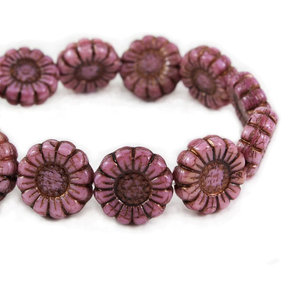 Czech Glass Sunflower Beads - Pink Silk with Dark Bronze Wash - 13mm - 6 or 12 Beads