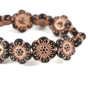 Czech Glass Wild Rose Flower Beads - Jet Black Opaque with Copper Wash - 14mm - 12 Beads