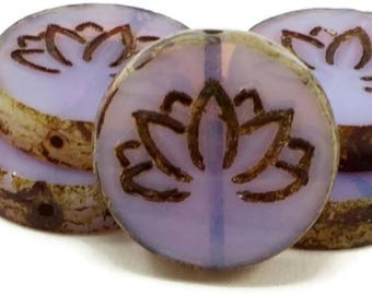 Czech Glass Lotus Flower Coin Beads - Glow Purple (Lavender) with Picasso Finish - 19mm  Beads - 10 beads
