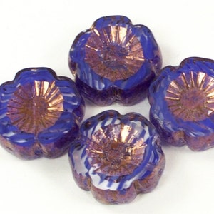 Czech Glass Hibiscus Flower Beads - Translucent Lavender and Sapphire Blue Stripes with Bronze Wash Beads -  14mm - 10 Beads