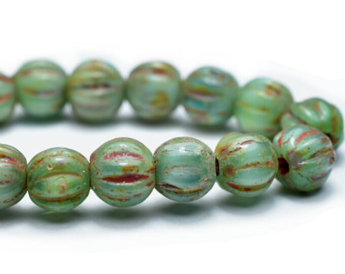 Czech Glass Melon Beads Sea Green with Picasso Finish and Coral Wash Ridged Surface Beads 4mm 50 Beads