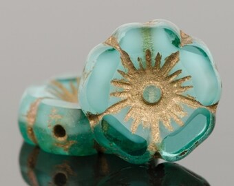 092 6 Teal with White Core and Brown Wash Fluted Glass Czech Melon Drop Beads 22x11mm