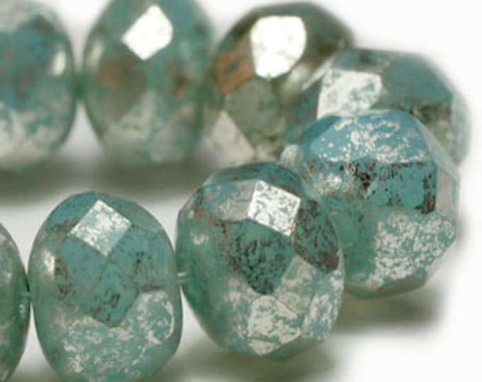 7x5mm Czech Glass Rondelle Beads OpalMilky Aqua Blue with Mercury Style Finish 25 Beads
