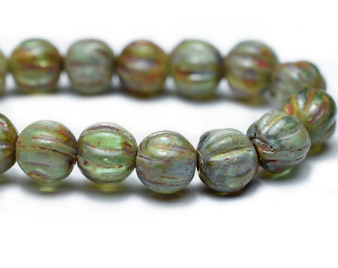 Artichoke Green with a Picasso Finish and Coral Wash Czech Glass Melon Beads 4mm 50 Beads Ridged Surface Beads