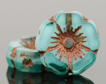 092 6 Teal with White Core and Brown Wash Fluted Glass Czech Melon Drop Beads 22x11mm