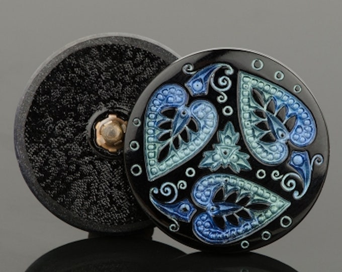 Czech Glass 32mm Round Triple Heart Leaf Button Jet with BlueGreen Wash Version 2