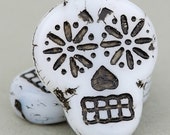 Czech Glass Sugar Skull Beads - Dia De Los Muertos Beads - White Opaque with Black Wash Beads - 20x17mm - 2 Beads