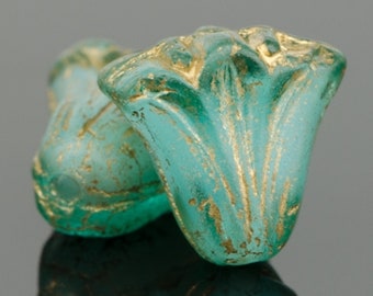 092 6 Teal with White Core and Brown Wash Fluted Glass Czech Melon Drop Beads 22x11mm