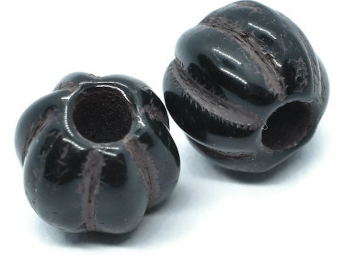 20 Beads Czech Glass LARGE HOLE Melon Beads 8mm Black with a Brown Wash
