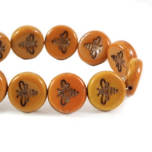 Czech Glass Pressed Coin Beads with Bee - Mustard Orange Opaque with Dark Bronze Wash - 12mm -  6 or 12 Beads