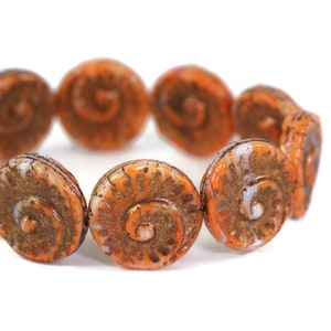 Czech Glass Spiral Beads- Fossil Beads - Orange Spiny Oyster Opaque Mix with Dark Bronze Wash - 18mm - 10 Beads