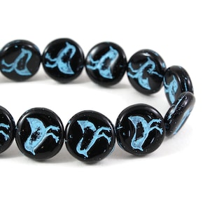 Czech Glass Coin Bird Beads - Jet Black Opaque with Turquoise Wash - 12mm - 15 Beads