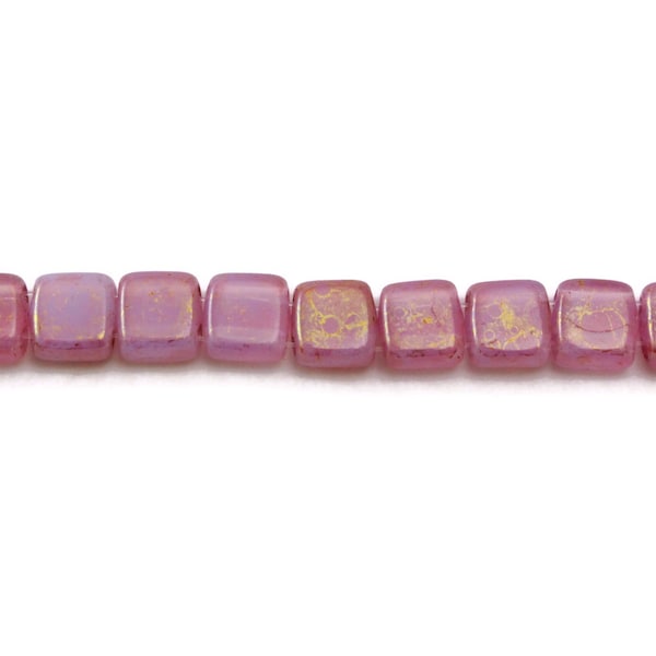 Czech Glass CzechMates Tile Beads - Two Hole Beads - Parallel Hole Beads - Pink/Topaz Luster Milky Alexandrite - 6mm - 50 Beads