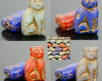 Czech Glass Kitty Cat Beads - Mixed Beads in Turquoise, Orange, Royal Blue and Grey Silk Mix with Dark Bronze Wash - 15x10mm - 15 Beads