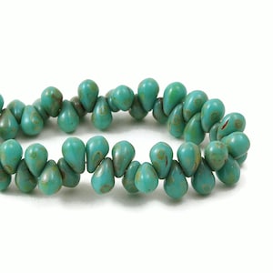Czech Glass Pressed Drop Beads - Czech Glass Beads - Turquoise Opaque with Picasso - 6x4mm - 50 Beads