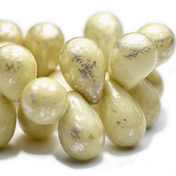 Czech Glass Drop Beads - Cream Ivory with a Mercury Style Finish - 9x6mm - 25 Beads