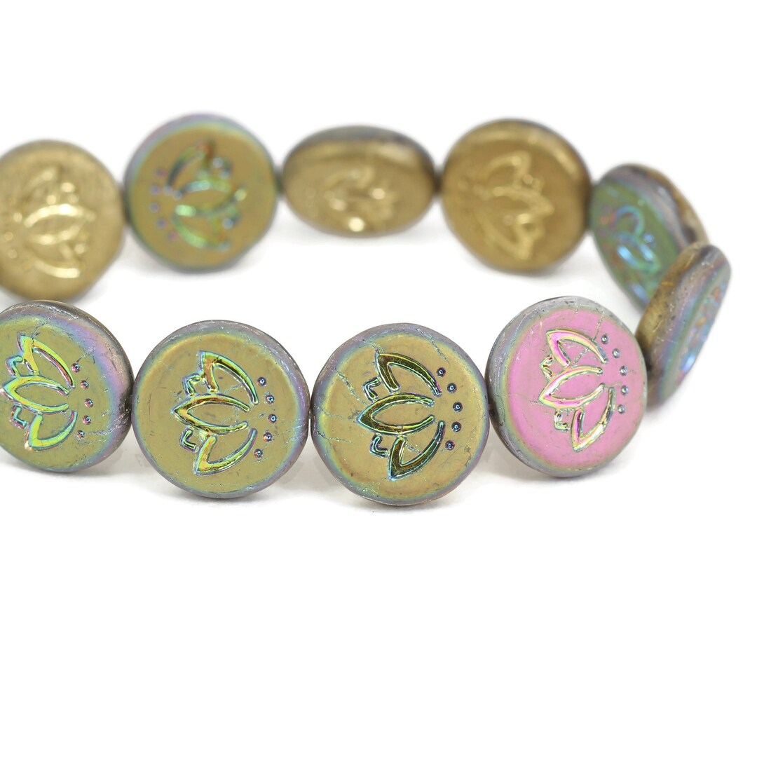 Czech Glass Lotus Flower Coin Beads Gold/pink/green Etsy