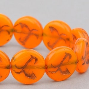 Bird Beads - Czech Glass Beads - Czech Coin Beads - Orange Opaline with Bronze Wash - 12mm  Beads - 15 beads