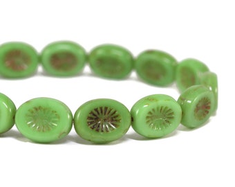 Czech Glass Kiwi Oval Starburst Beads - Green Opaque with Picasso - 14x10 mm - 15 Beads