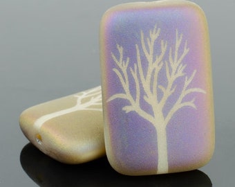 Czech Glass Two Sided Rectangle Beads - Ivory Opaque Matte with Rainbow Finish and Laser Etched Tree Design - 19x12mm - 6 Beads