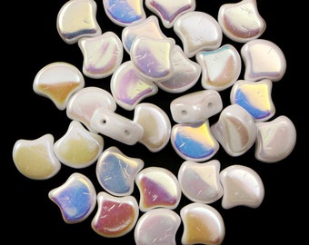 Czech Glass Matubo Ginko (Ginkgo) Leaf Two Hole Beads - Opaque White w/ Double Sided AB - 7.5 x 7.5mm - 2.5" Tube (approx. 31-32 beads)