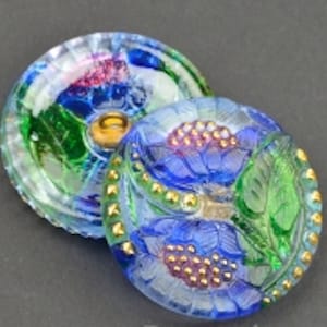 Czech Glass 27mm Round Two Poppy Flower Button - Blue Sapphire, Green with Gold Paint