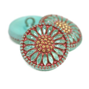 Czech Glass 18mm Round Sunflower Button - Daisy Flower Button - Mint Green and Red Wash with Gold Paint