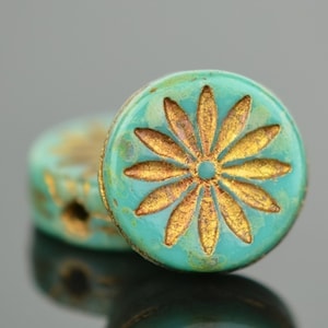 Czech Glass Aster Flower Coin Beads - Green Turquoise Opaque with Aged Dark Bronze Wash - 12mm - 5 or 15 Beads