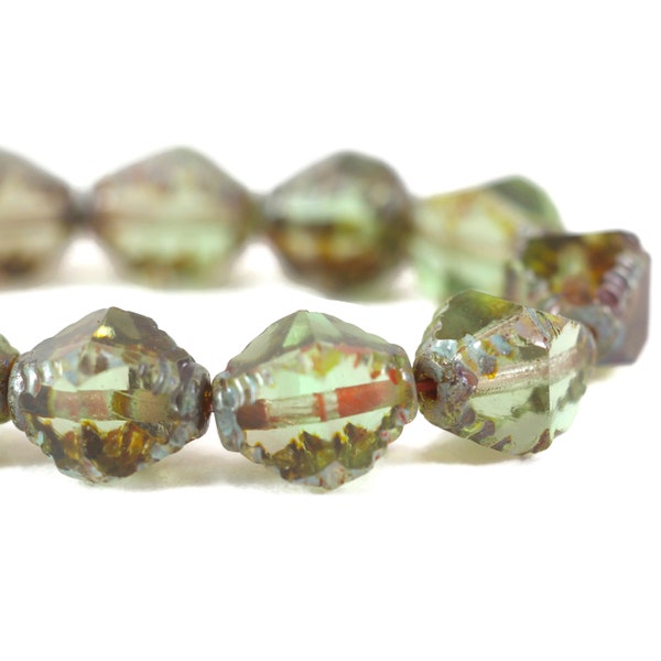 Czech Glass Faceted Bicone Beads - Avocado Green with Picasso Finish - 10x8mm - 5 or 15 Beads