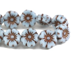 Czech Glass Hibiscus Flower Beads - Sky Blue Silk with Dark Bronze Wash - 7mm - 12 beads