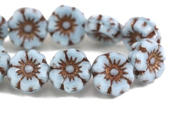 Czech Glass Hibiscus Flower Beads - Sky Blue Silk with Dark Bronze Wash - 7mm - 12 beads