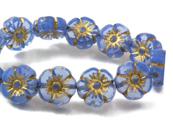 Czech Glass Hibiscus Flower Beads - Sapphire Blue Opaline with Gold Wash - 10mm - 6 or 12 Beads