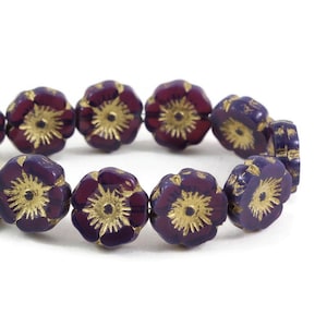 Czech Glass Hibiscus Flower Beads - Purple Opaline with Gold Wash - 12mm - 6 or 12 Beads