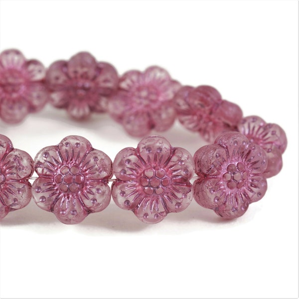 Czech Glass Wild Rose Flower Beads - Pink Transparent Matte with Pink Wash - 14mm - 12 Beads