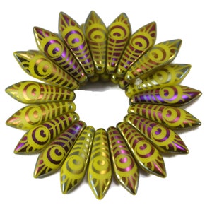 Czech Glass Medium Daggers -  Lemon Yellow Opaque with Rainbow Finish and Laser Etched Peacock Design - 16x5mm - 25 Beads