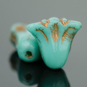 Czech Glass Lily Flower Beads - Turquoise Opaque with Dark Bronze Wash - 9x10mm - 15 Beads